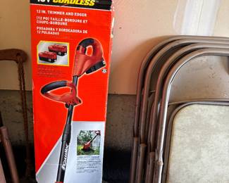 Samsonite chair set & unopened battery operated weed wacker