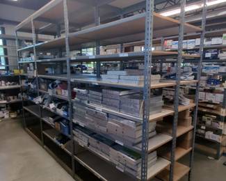 Metal Shelving Units With Adjustable Particle Board Shelves, 6 Units, Each 8' x 4' x 1.5'