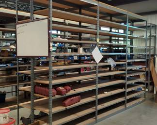 Metal Shelving Units With Adjustable Particle Board Shelves, 3 Units, Each 8' x 4' x 1.5'