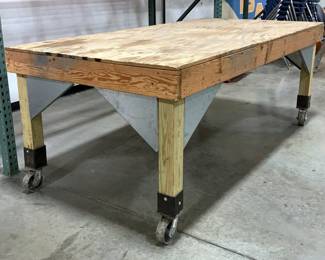 Mobile Industrial Work Table With Plywood Top Surface, Approx 37" x 96" x 84" 
