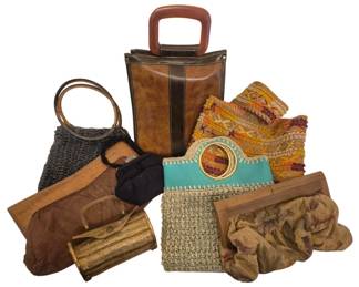 2783 - Group of MCM Purses and Handbags (Description): A collection of mid-century modern purses and  handbags featuring various styles and  materials. The group includes a brown leather  tote with wooden handle, a crocheted bag  with brass ring handles, an embroidered textile clutch with colorful  geometricpatterns, a turquoise fabric clutch  with large circular brass buckle, a crocheted  clutch with wooden frame closure, a quilted  suede pouch, a cylindrical brass-trimmed