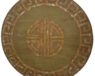 3920 - Chinese Decorative Round Wall Plaque 30" (Description): Chinese wall plaque of circular form  featuring a central Shou longevity symbol  surrounded by a Greek key meander border. The  plaque displays an olive green ground with  decorative elements in a coral or terracotta marbled finish. The design incorporates  traditional Chinese motifs symbolizing long  life and good fortune.
