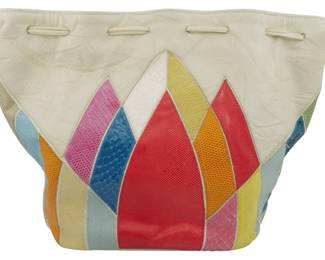 1812 - Vtg Carlos Falchi Multicolor Exotic Skin Bag (Description): Vintage Carlos Falchi multicolor exotic skin  bucket bag featuring a striking geometric  patchwork design. The bag showcases various  exotic skins in vibrant hues against a  cream-colored leather body. Measures 8 inches high by 14 inches wide by 4 inches deep.