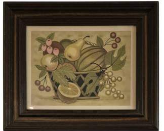 3905 - Framed Theorem Style Fruit Still Life Print (Description): Presented in a dark wood frame with gilt  accent. Measures 20"x25".