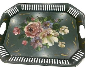 673 - Green Tole Ware Tray 18"x13" (Description): Green tole ware tray with hand-painted floral  decoration. Features a pierced gallery edge  and cut-out handles on each side. Measures 18  inches by 13 inches.