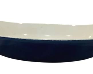 908 - Michael Lax for Copco Au Gratin Pan (Description): Cast iron au gratin dish with a cream-colored  enamel interior and blue enamel exterior  finish. Features two integrated loop handles  on either side for easy handling. The  oval-shaped dish measures 13 inches by 11 inches by 2 inches. Shows some wear to the  enamel consistent with age and use.