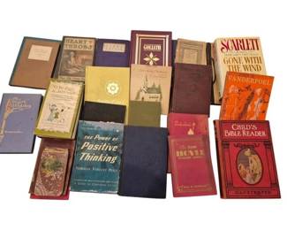 1453 - Vintage Books (Description): A collection of vintage books featuring  various titles and subjects. The assortment  includes works from different eras and  genres, with decorative cloth and paper  bindings in various colors and styles.