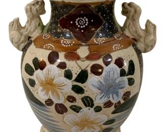 255 - Japanese Satsuma-Style Porcelain Vase - 11 x 8 (Description): Features raised relief decoration, known as  Moriage - features two Foo Dog Handles