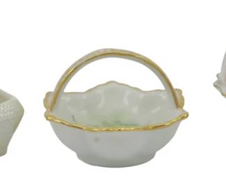 883 - 3 Vtg Mini Porcelain Baskets, Varying Makers 3" (Description): Three vintage porcelain baskets from varying  makers. Each basket features delicate  detailing and decorative handles. Measures 3  inches.