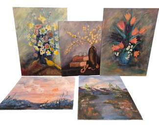 4034 - Group of 5 Oil on Board Paintings 18"x24" (Description): Group of five oil on board paintings  measuring 18 inches by 24 inches. The  collection includes three floral still life  compositions featuring arrangements in vases,  one sunset landscape scene, and one mountain lake landscape. The works display an  impressionistic style with soft brushwork and  muted color palettes. One painting appears  to be signed by the artist.