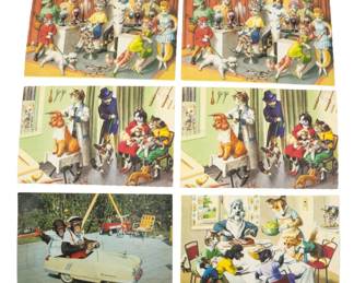 851 - Assorted Vintage Postcards (Description): Assorted vintage postcards featuring  whimsical and colorful illustrations. The  collection includes various scenes with  anthropomorphic animals engaged in everyday  activities. A charming grouping of vintage ephemera suitable for collectors of postcards  or novelty illustrations.