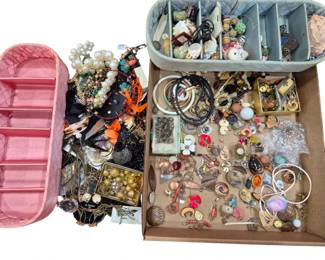 2700 - Large Group Costume Jewelry Collection (Description): A large group of costume jewelry including an  assortment of necklaces, earrings,  bracelets, pendants, and brooches. The  collection features faux pearl strands,  beaded necklaces, bangle bracelets, clip-on and pierced earrings in various styles,  decorative pendants, and assorted ornamental  pieces. Comes with a pink quilted jewelry  organizer case and additional storage  containers.
