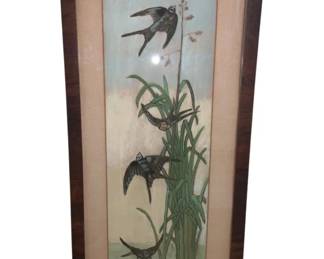 1188 - Watercolor Painting in Frame 10"x21.5" (Description): Oil on board painting presented in a wooden  frame. The artwork depicts birds in flight  among tall grasses and reeds in a  naturalistic wetland setting. Measures 10  inches by 21.5 inches.