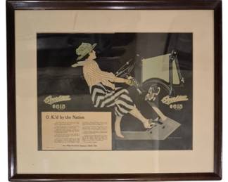 3980 - Framed Vtg Overland Automobile Advertisement (Description): Framed vintage Overland automobile  advertisement featuring the tagline "O.K.'d  by the Nation" from The Willys-Overland  Company, Toledo, Ohio. The Art Deco style  illustration depicts a fashionable woman in striped attire seated in an Overland  automobile, priced at $615. Presented in a  brown wooden frame with cream matting.  Measures 22" x 26".