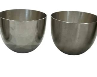 1229 - 4 Kirk Steiff Pewter Jefferson Cups (Description): A set of four pewter Jefferson cups. These  classic handleless cups feature the  traditional rounded bowl shape characteristic  of Jefferson cup design, with a subtle  tapered form and smooth polished finish. The pewter has a warm gray patina typical of  quality pewter ware.