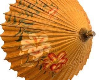 1322 - Oriental Umbrella 21" (Description): Oriental umbrella featuring traditional  bamboo construction with painted floral  decoration in soft colors. The umbrella has  wrapped binding at both ends. Measures 21  inches in length when closed.