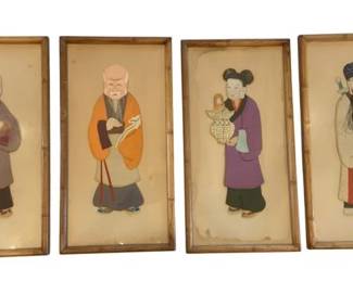 1191 - Set of 4 Chinese Artisian Silk Dolls (Description): These vintage Chinese framed wall art pieces  feature hand-crafted silk relief work, often  referred to as silk cloth and paper dolls or  artisan dolls, typically dating from the  1930s-1940s. Each piece measures 14 1/2 inches by 8 inches.