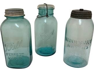 1631 - 3 Blue Mason Jars - 10" Tall