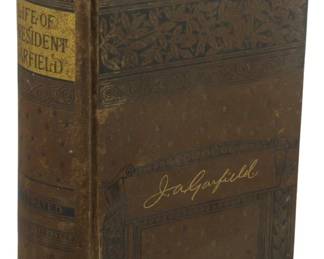 2510 - 1881 1st Ed. Life of James Abrams Garfield (Description): First edition of The Life of James Abrams  Garfield, published in 1881. This  biographical volume chronicles the life of  President James A. Garfield, the 20th  President of the United States. The book features decorative embossed covers with gilt  lettering on the spine and a facsimile  signature on the front board.