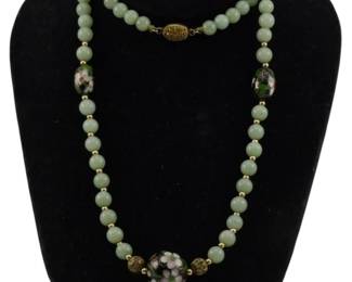 1945 - Jade & Cloisonne Beaded Necklace with Silver (Description): Vintage jade and cloisonne beaded necklace  with silver findings, accompanied by assorted  earrings. The necklace features pale green  jade beads accented with decorative cloisonne  beads and gold-toned spacers.