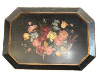 537 - Tole Metal Serving Tray Large 26.5"x18.5" (Description): Large tole metal serving tray featuring a  hand-painted floral bouquet in vibrant pink,  red, yellow, and blue tones against a black  background. The octagonal tray has canted  corners with a gilded inner border. Measures 26.5 inches by 18.5 inches. Shows  age-appropriate wear with some surface  scratches and paint loss consistent with  antique use.