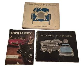 3791 - Three Vintage Ford Automobile Books (Description): A collection of three vintage Ford automobile  books. Includes 'The '55 Ford Best by  Design' featuring the 1955 Ford models, 'Ford  at Fifty: An American Story' spiral-bound  commemorative edition, and 'Picture Gallery of Early Automobiles' by Clarence P. Hornung.  The books showcase classic automotive  history and design from the mid-20th century.