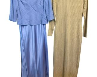 2119 - 2 Evening Gowns Size 10 Blue & Size S Gold (Description): Two evening gowns. The first is a blue gown  in size 10. The second is a gold gown in size  small.
