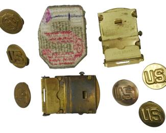 1719 - Assorted Buttons & Other Items (Description): A collection of assorted buttons and other  items, including various military-style pins,  buckles, and a patch.