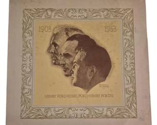 3796 - 1903-1953 Ford Norman Rockwell Booklet (Description): A commemorative booklet celebrating Ford  Motor Company's 50th anniversary, spanning  1903 to 1953. The cover features artwork by  Norman Rockwell depicting profile portraits  of Henry Ford, Edsel Ford, and Henry Ford II. The booklet is bound with a decorative  scrollwork border framing the central  illustration on an aged cream-colored cover.