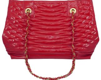 1810 - Leiorgio Quilted Patent Leather Chain Tote (Description): Vintage Leiorgio quilted patent leather chain  tote. Features chain straps interwoven with  leather. Measures 11 inches by 16 inches by 5  inches.