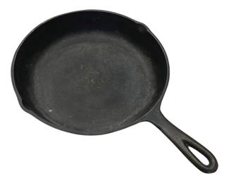 917 - Cast Iron Skillet 10.5" (Description): This classic cooking pan features a sturdy  handle with hanging hole and dual pour spouts  on either side of the rim. The skillet shows  a well-seasoned surface with natural patina  consistent with use.