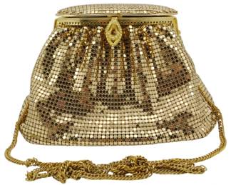 1823 - Vtg Whiting & Davis Gold Tone Evening Bag (Description): Vintage Whiting & Davis gold tone evening bag  featuring a mesh body with chain strap.  Measures 5 inches by 6 inches by 3 inches.