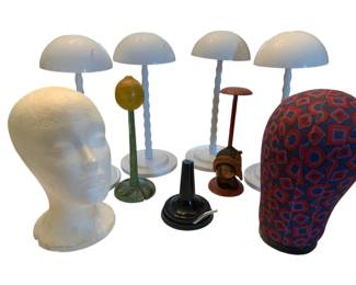 2118 - Lot of Wig/Hat Stands 14" (Description): A collection of various wig and hat stands in  assorted styles and materials. The lot  includes multiple display forms suitable for  hats and wigs. Tallest measures 14 inches.