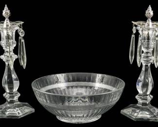 145 - 3pc Heisey Console Set, Bowl 3x9" (Description): Three-piece Heisey console set consisting of  a pair of candlesticks with hanging crystal  prisms and a center bowl. The bowl measures  3" x 9".