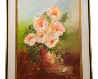 1185 - Oil on Board Signed Floral Still Life 30"x24" (Description): Oil on board painting depicting a floral  still life, signed by the artist in the lower  right corner. The piece is presented in a  gold-tone frame with linen liner. Measures 30  inches by 24 inches.