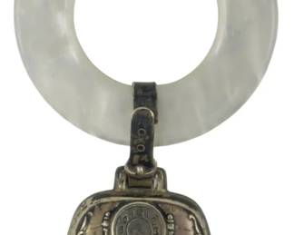 1735 - Webster Sterling Baby Rattle 0.35oz (Description): Webster sterling silver baby rattle featuring  a birth record design with spaces for month,  year, weight, and length. The rattle  includes a mother of pearl teething ring.  Weighs 0.35 ounces.