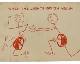 855 - Vintage Danville, VA  Advertising Card (Description): Vintage Danville postcard featuring a  whimsical illustration with the text "When  The Lights Go On Again." The card displays a  charming red printed design on cream-colored  stock.