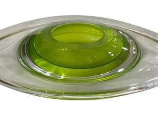 2769 - David New-Small Signed Ikebana Art Glass (Description): A signed Murano art glass vase featuring a  striking combination of green and clear  glass. The piece showcases the distinctive  artistry of Murano glassmaking. Measures 2  inches by 9.5 inches by 7 inches.