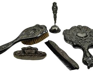 748 - 5 Assorted Unmarked Metal Beauty Items (Description): A collection of five assorted unmarked metal  beauty items. The group includes various  vanity accessories crafted from metal with  decorative detailing.
