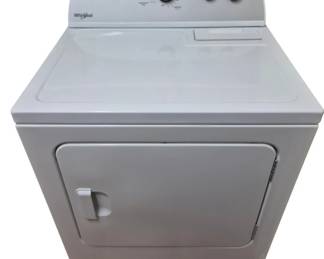 2822 - Whirlpool White Electric Dryer (Description): Whirlpool white electric dryer featuring a  front-loading door design with multiple cycle  options. The control panel includes dials  for timed dry, temperature settings, and  cycle signal. The unit is equipped with an Energy Preferred setting and automatic dry  options. The dryer is in white finish with a  hamper-style front door with pull handle.  Measures 45 inches tall by 29 inches wide by  25 inches deep.