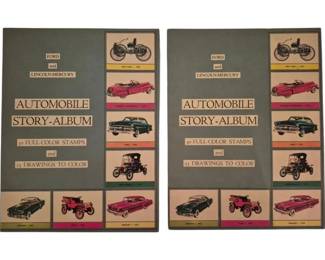 3795 - 1954 Automobile Story Albums in Ford Envelope (Description): Two Automobile Story Albums from 1954,  featuring Ford and Lincoln-Mercury vehicles.  Each album includes 30 full-color stamps and  23 drawings to color. The covers display  vintage automobiles ranging from early horseless carriages to mid-century models,  presented in colorful stamp-style  illustrations against a gray background.  Albums are housed in their original Ford and  Lincoln envelope.