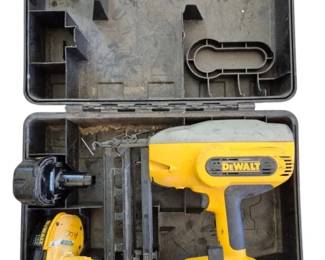 2837 - DeWalt 18V Cordless Nailer w/ Battery & Case (Description): DeWalt cordless nail gun featuring an 18-volt  battery system. The yellow and black nailer  comes housed in its original DeWalt hard  plastic carrying case. Includes one battery  pack. Shows signs of use consistent with a working tool. Used as is electric/electronic/mechanical  item. No guarantee all components, untested.