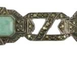1898 - German Silver Marcasite Jade Bracelet (Description): German silver bracelet featuring marcasite  accents and jade stones. The bracelet  showcases decorative metalwork with inset  jade panels connected by ornate marcasite-set  links.