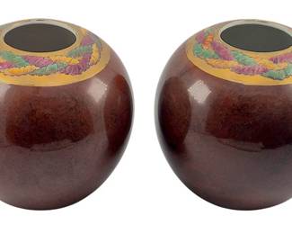 187 - Pair Toyo Trading Company Glazed Porcelain Vases (Description): A pair of Toyo Trading Company glazed  porcelain vases featuring a spherical form  with a glossy brown body and decorative  polychrome collar at the rim with braided or  rope-like design in green, purple, and gold tones.