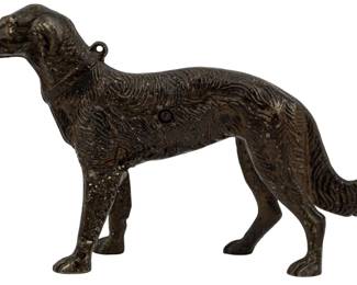743 - Cast Iron Dog Figure 8" (Description): Cast iron dog figure depicting a standing  hound with detailed fur texture and a  slender, elegant form. Measures 8 inches.