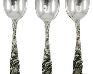 99 - 3 Alvin Corporation Sterling Spoons 2.68oz (Description): Three sterling silver spoons by Alvin  Corporation. The spoons feature ornate floral  and figural handles with monogrammed  terminals. Total weight is 2.68 ounces.