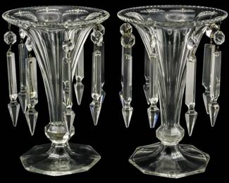 147 - Pair Crystal Glass Mantle Lusters 8" (Description): Pair of crystal glass lusters featuring  hanging prism drops. Each measures 8 inches  in height.