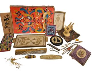 2744 - Group Vintage Accessories & Decorative Items (Description): A collection of vintage accessories and  decorative items including a gilt-decorated  vanity tray, a needlepoint eyeglass case, a  framed photograph, an America 1776-1976  Bicentennial tin, a silhouette compact or pill box, a celluloid hand-form ring holder,  an embroidered photo album with floral  design, a bone or celluloid comb, various  vanity tools including scissors and nail  implements, and assorted decorative pieces.
