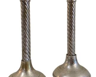 367 - Pair Silver Plate Candleholders 8" (Description): Pair of silver plated candleholders featuring  twisted column stems on round bases.  Measures 8 inches in height.