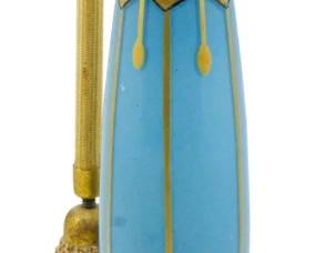 168 - Devillbis Art Deco Perfume Atomizer 6.5" (Description): Devillbis Art Deco perfume atomizer featuring  an elegant elongated bottle with decorative  gilt accents and original atomizer bulb.  Measures 6.5 inches in height.